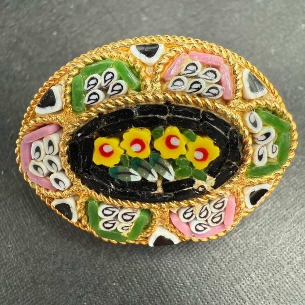 Vintage Italian Micro Mosaic Floral Brooch Made Italy Oval Gold Tone Pin
